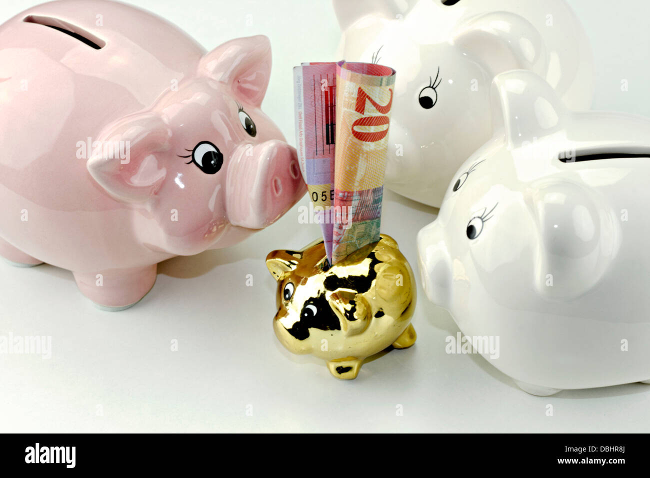 Swiss Twenty Franken Bank Note stuck in a golden Piggy Bank Money Box surrounded by other Piggy Banks Stock Photo