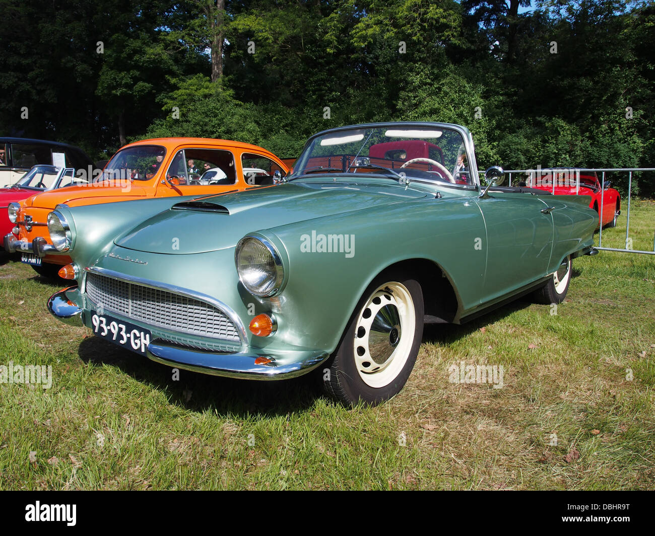 The 1964 DKW AU 1000SP, displayed at a vintage car show. This classic model features distinctive German automotive design and is a notable example of mid-20th-century vehicle engineering. Stock Photo