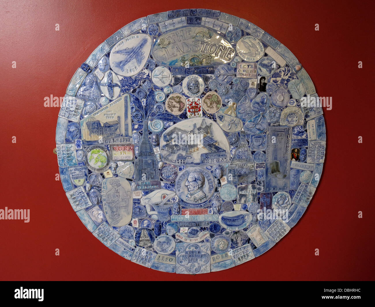 Circular ceramic pottery mosaic from Longton Stoke-On-Trent Great Britain showing potteries heritage at the Gladstone Pottery Museum Stock Photo
