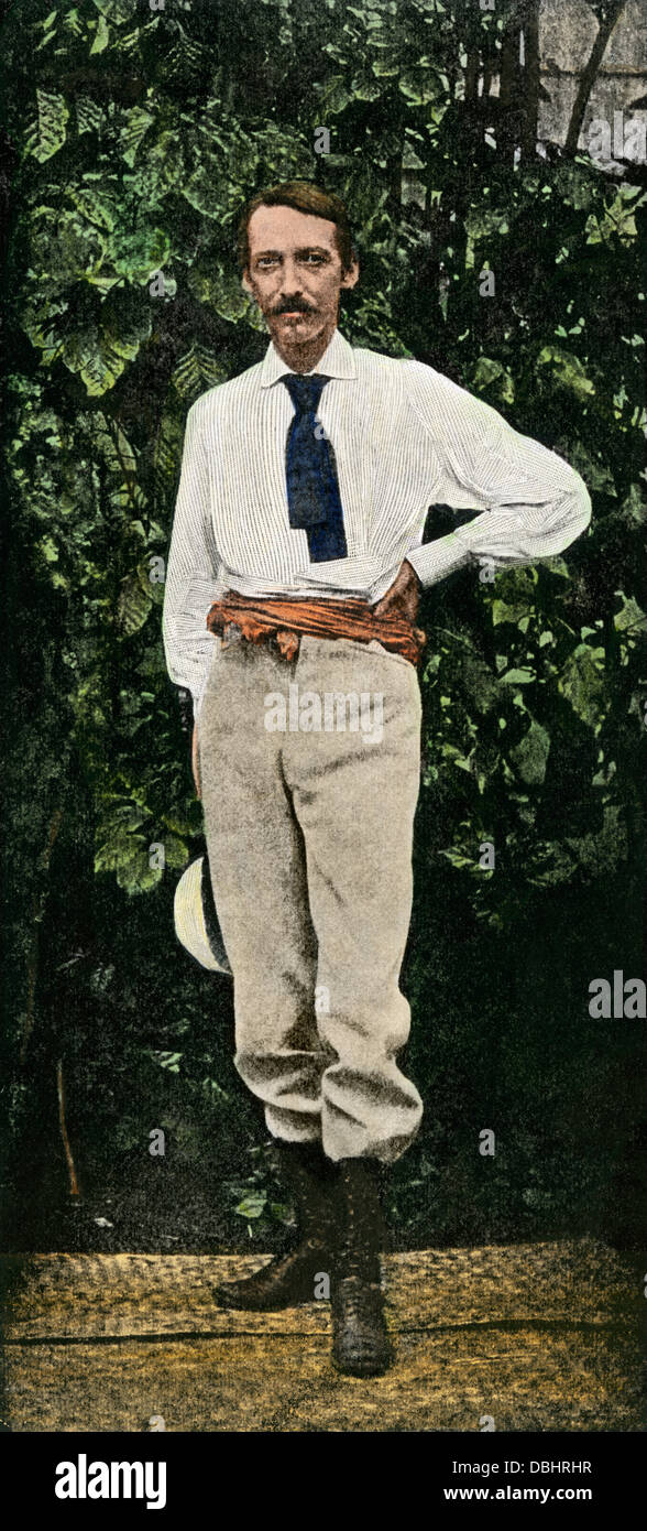 British author Robert Louis Stevenson in Samoa, about 1890. Hand-colored halftone reproduction of a photograph Stock Photo