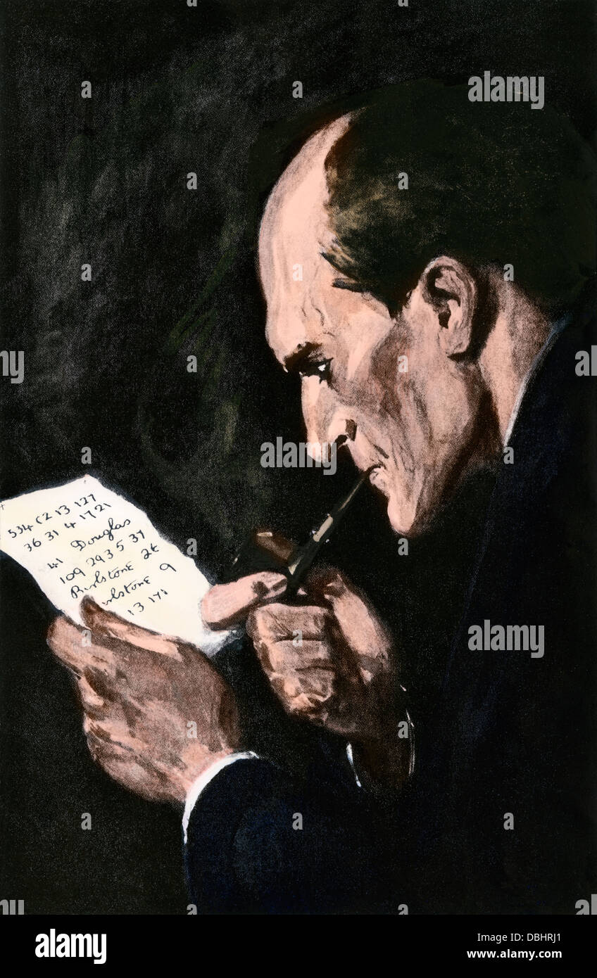 Sherlock Holmes solving a cipher, from an Arthur Conan Doyle story. Hand-colored halftone reproduction of an illustration Stock Photo