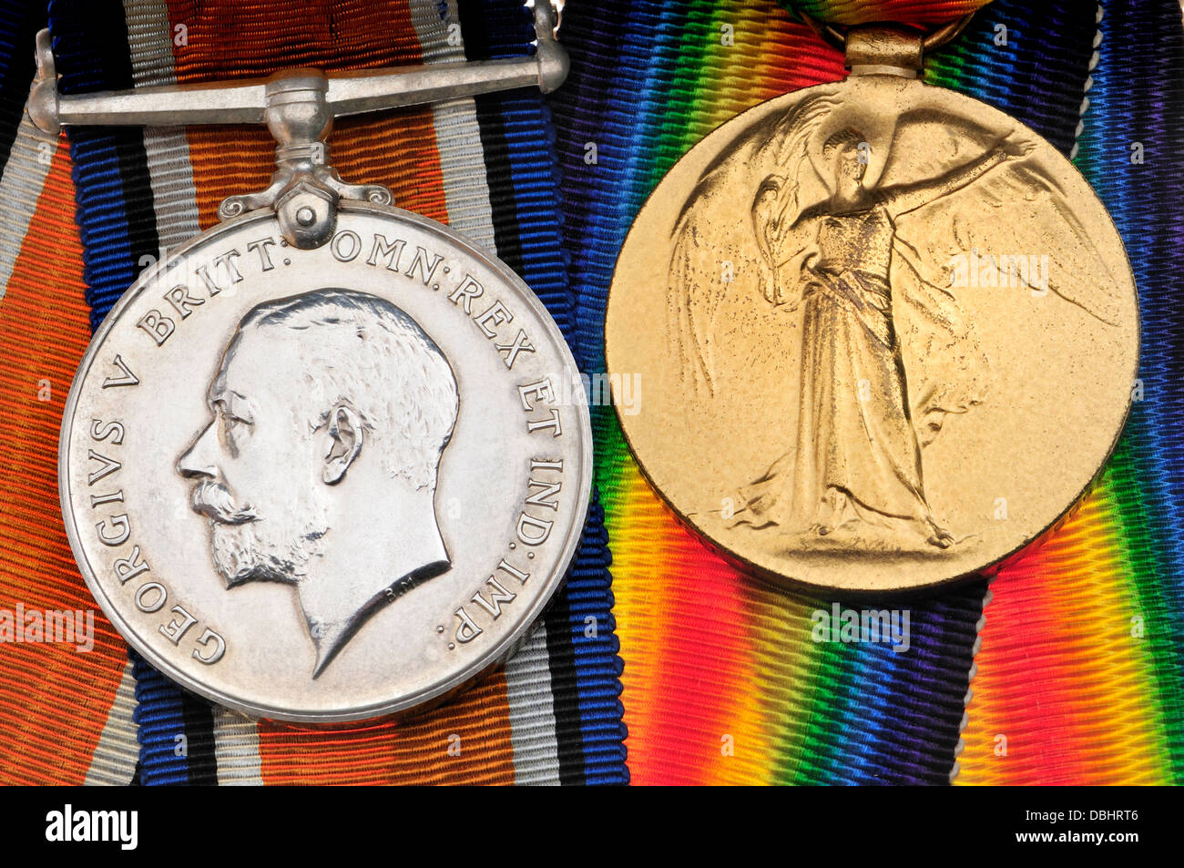 First World War British medals. Victory Medal (golden) War Medal (silver) Stock Photo
