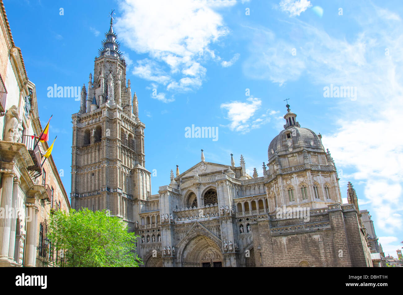 Tower and facade of the Cathedral of Toledo, Spain Stock Photo