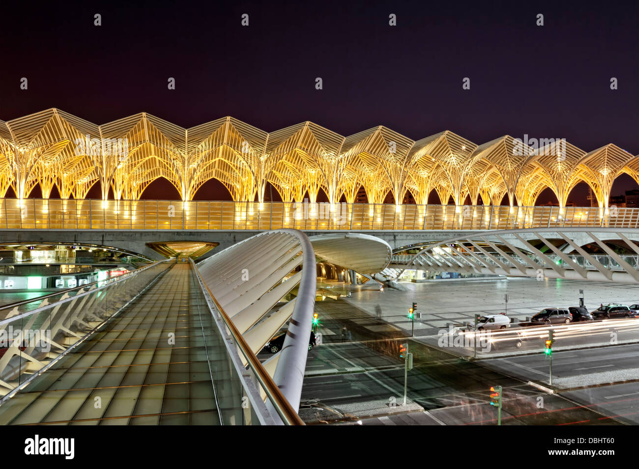 Oriente railway station at Lisbon, built by Santiago Calatrava, at night. View from the skywalk to the shopping mall. Stock Photo