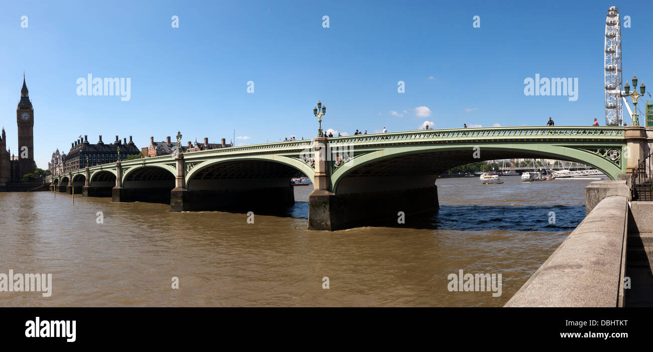 Panoramic photostiched view of Westminster Bridge from the Albert Embankment Stock Photo