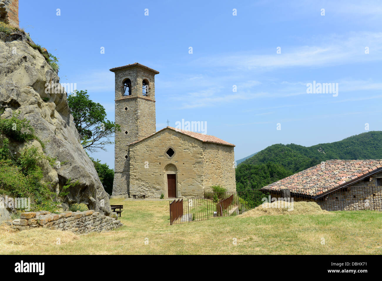 Rural church at Carpineti Castle on the Matilde di Canossa walks in Reggio Emilia hills in the Italian region Emilia-Romagna Stock Photo