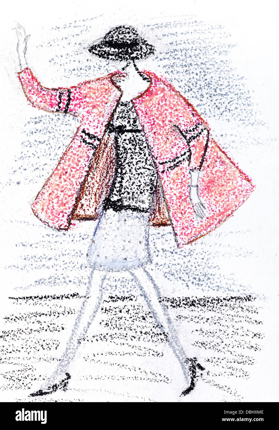 fashion of 20th Century - girl in a short pink coat and black hat from 60th years Stock Photo