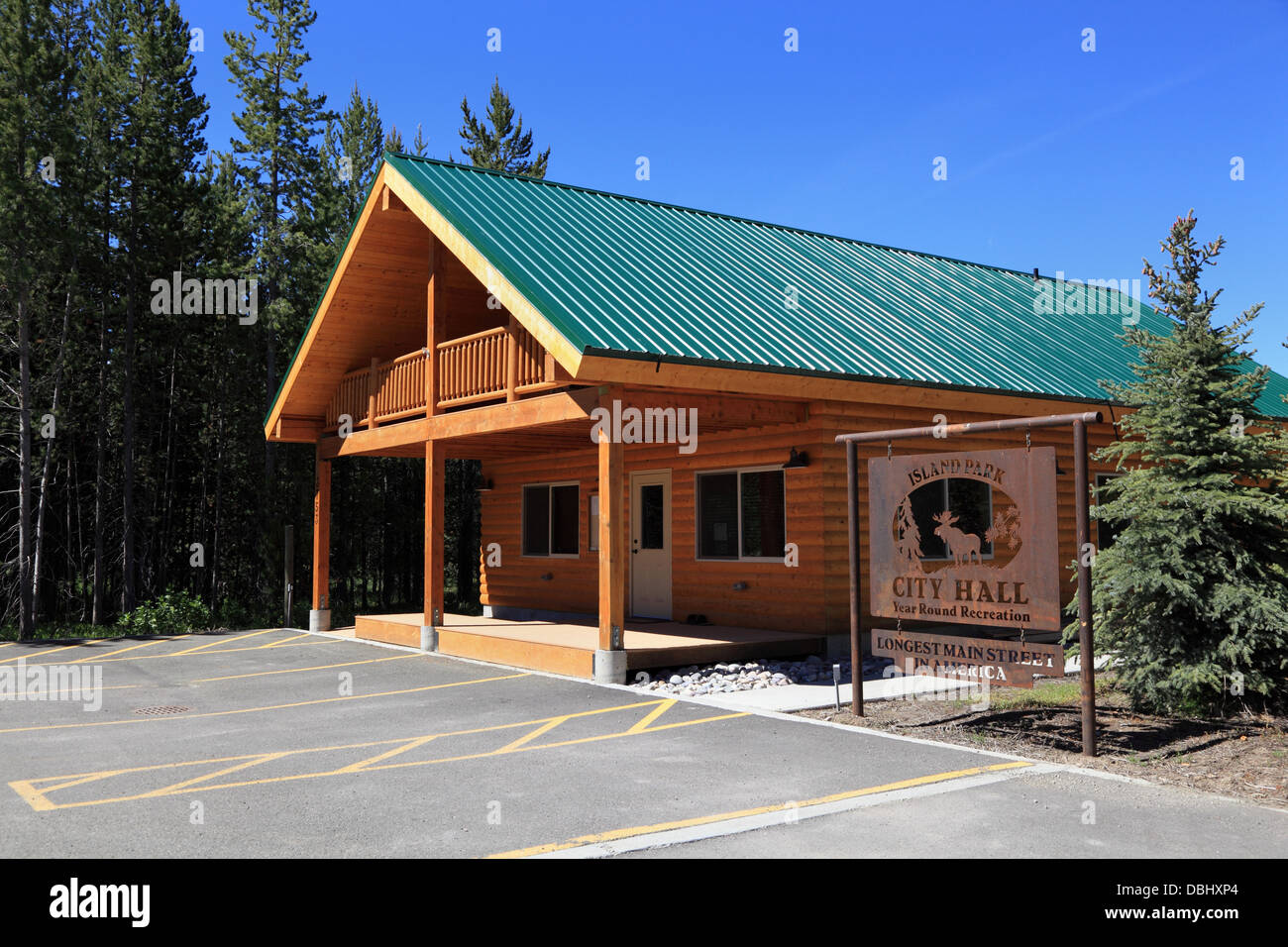 Island Park, Idaho, USA Under a blue June sky, a view of the wooden