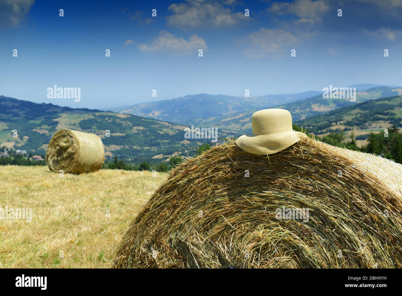 Summer hat on bale of hay in field Stock Photo