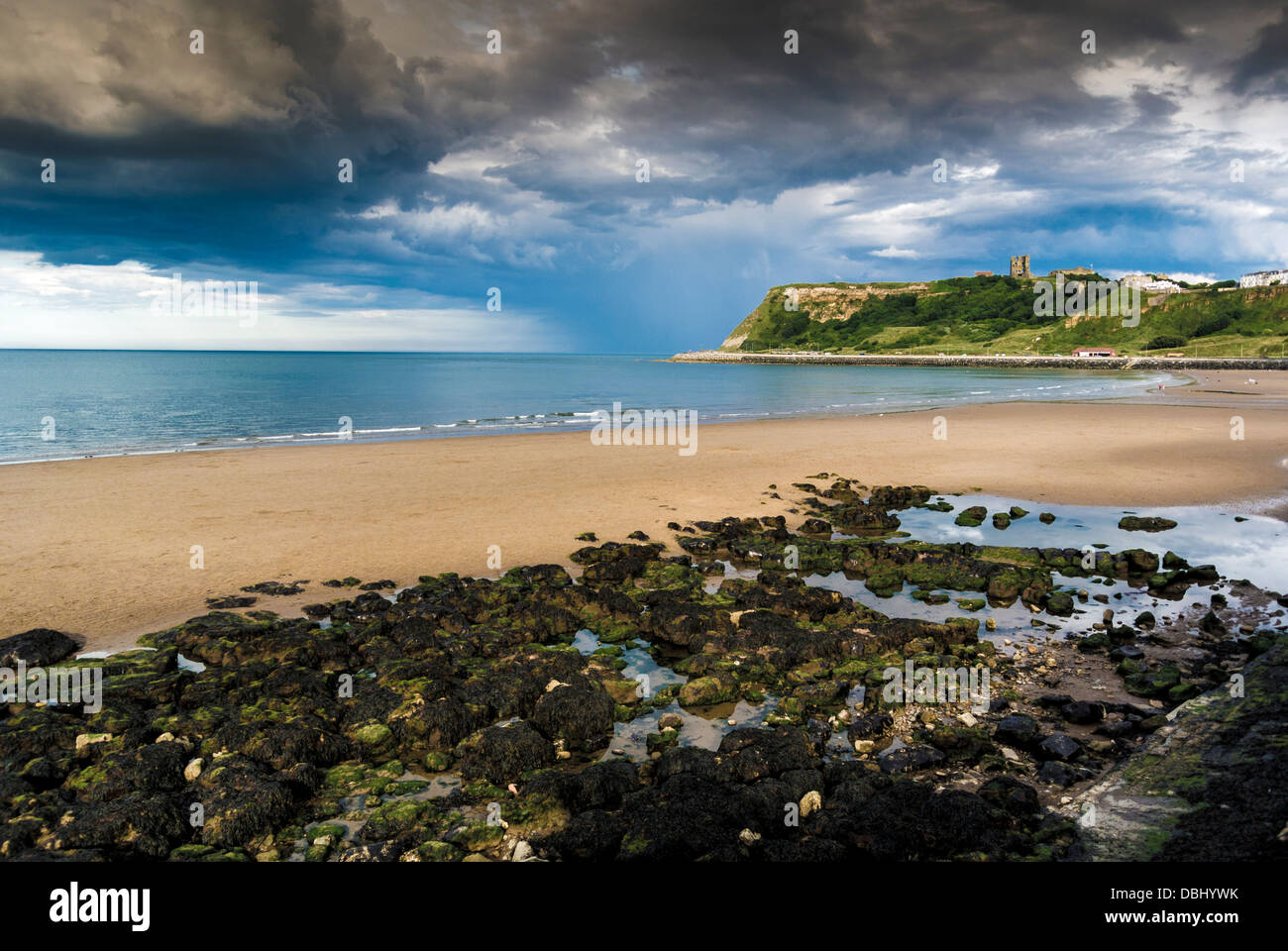 Scarborough Castle seen from the beach of North Bay, Scarborough. North