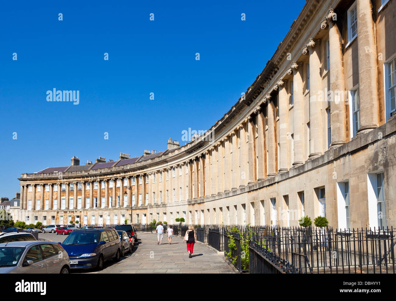 The Royal crescent terrace of Georgian houses with ornate railings Bath North east Somerset England Stock Photo