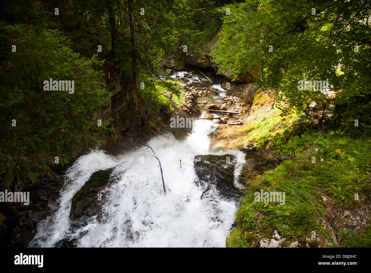 Looking down the Cascade d'Ardent waterfall in the French Alps Stock Photo