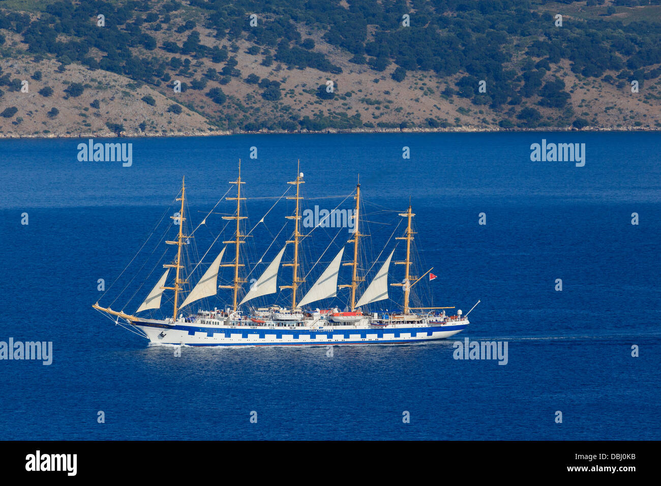 The Royal Clipper a sailing cruise ship passing through the straits between Corfu and Albania Stock Photo