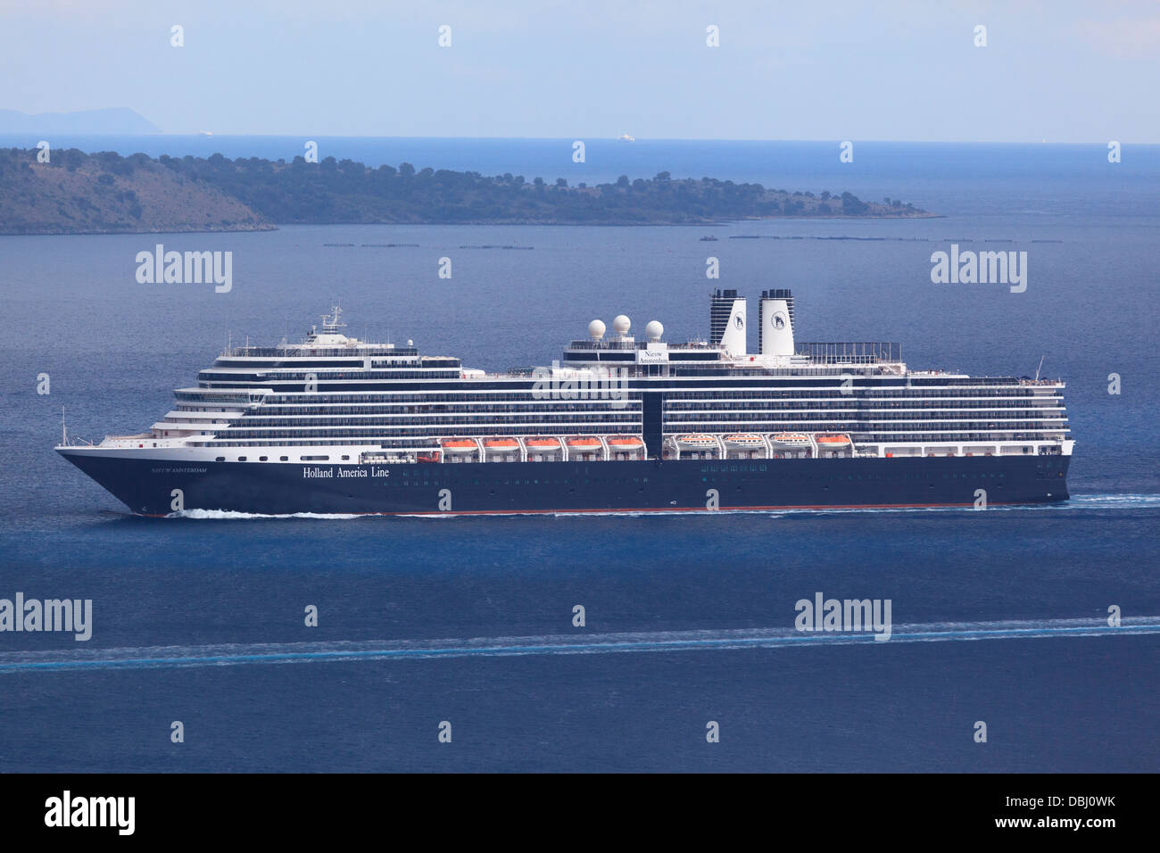 The Nieuw Amsterdam Cruise Ship sailing through the straits between Corfu and Albania Stock Photo
