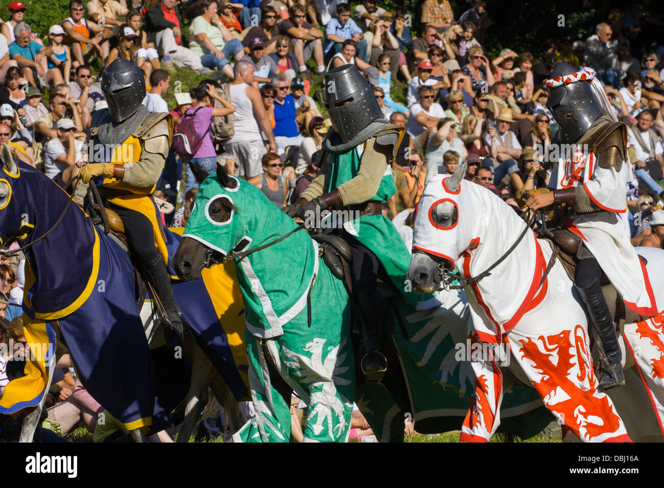 Knights in armour on horseback at French Mediaeval Fayre Stock Photo