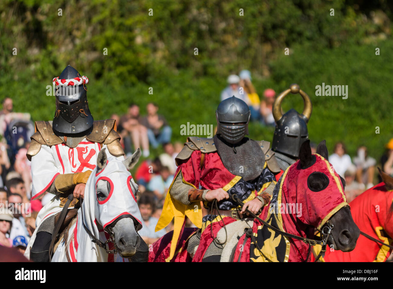 Knights in armour on horseback at French Mediaeval Fayre Stock Photo
