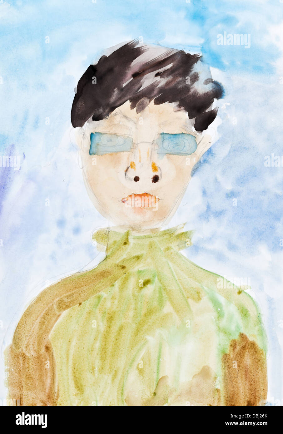 child's painting - portrait of man in blue glasses and green shirt Stock Photo
