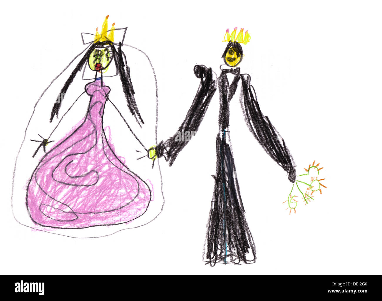 childs drawing - prince with princess holding hands Stock Photo