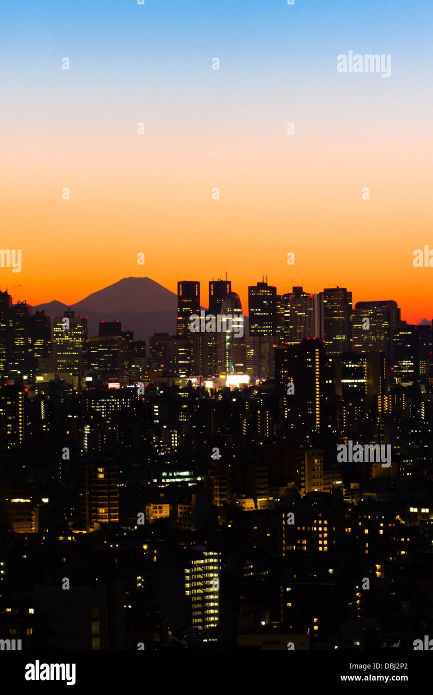 View of Shinjuku and Mount Fuji at sunset Stock Photo