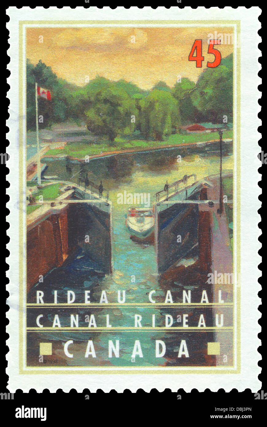 A canceled Canadian postage stamp featuring the Rideau Canal World Heritage Site, an historic operating canal in continuous use Stock Photo