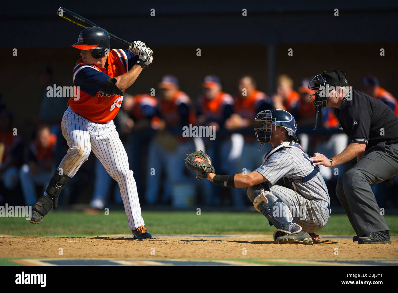 Up to bat at a college baseball game. Stock Photo