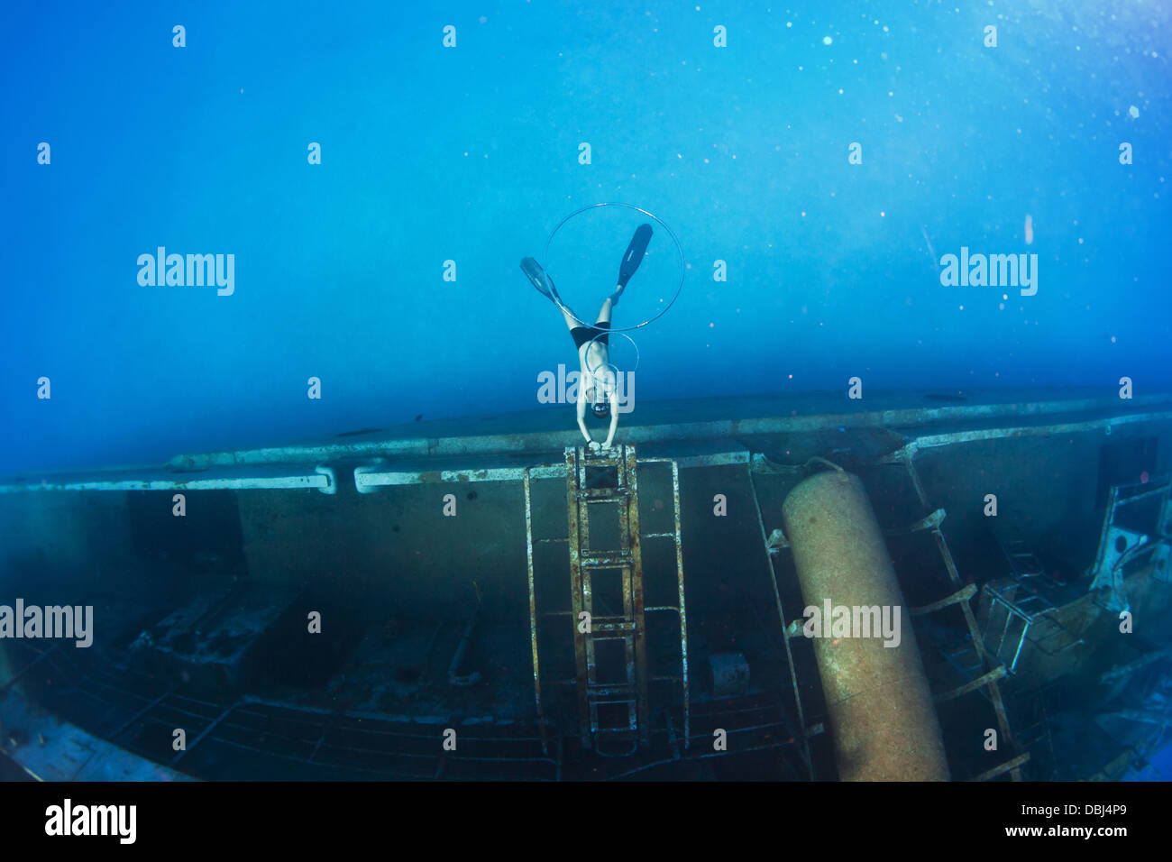 Blowing bubblerings while diving the Kittiwake Shipwreck off Grand Cayman Island Stock Photo