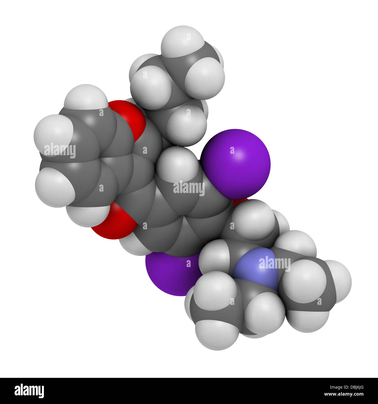 Amiodarone antiarrhythmic drug, chemical structure. Atoms are represented as spheres with conventional color coding Stock Photo