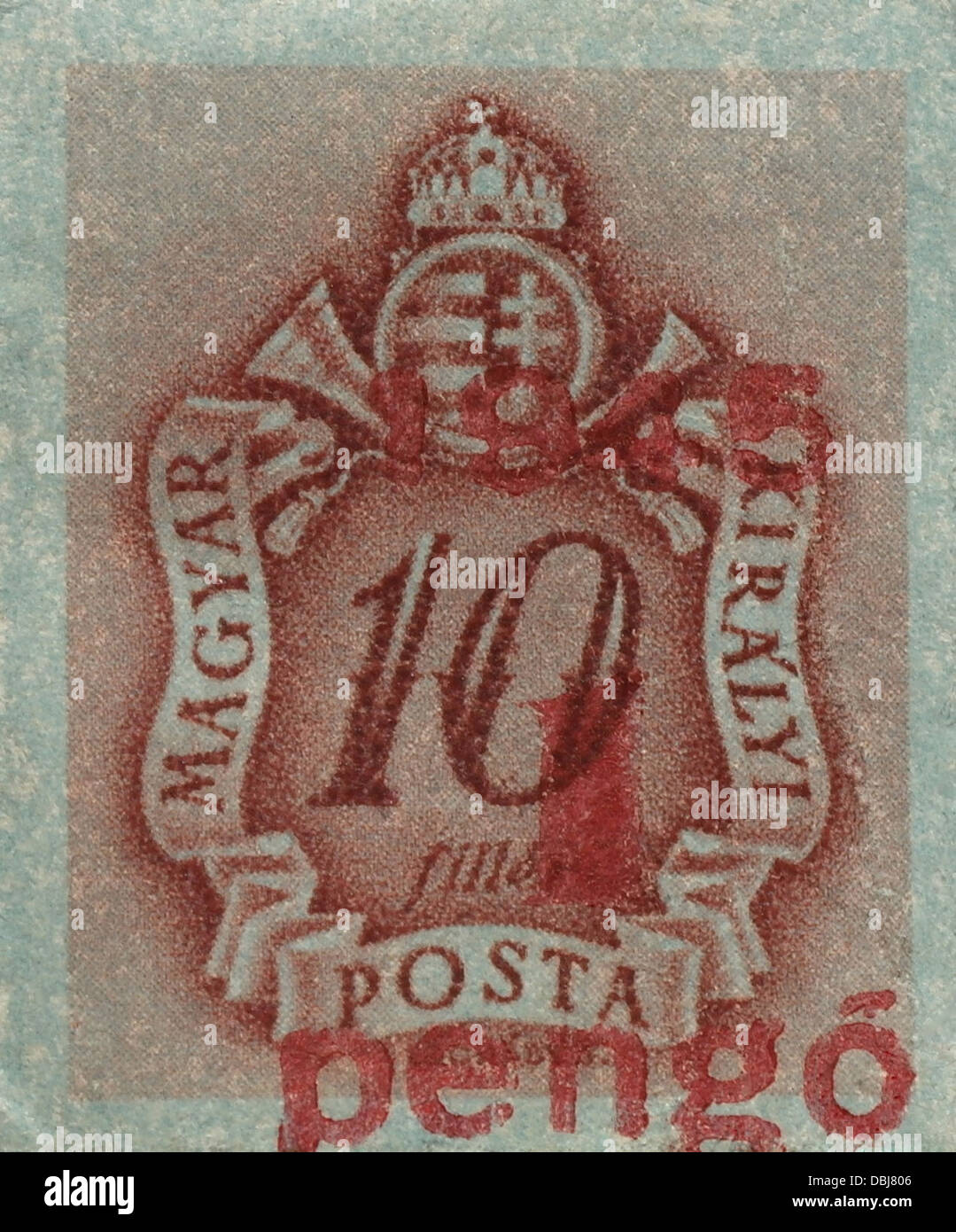 Blue red 1 pengo overprint 10 filler Coat of Arms Hungary post-horn stamp, 'Postage Due Series', issued Budapest, June 1945 Stock Photo
