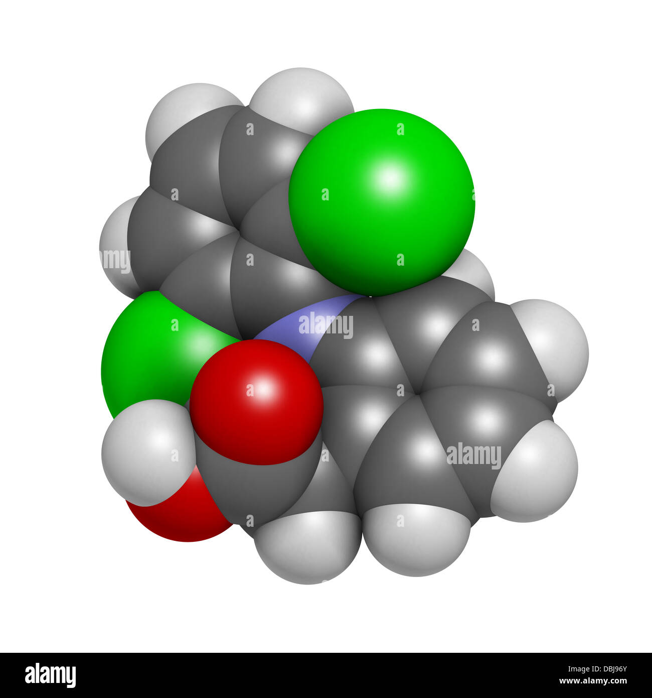 Diclofenac pain and inflammation drug (NSAID), chemical structure. Atoms are represented as spheres with conventional color code Stock Photo