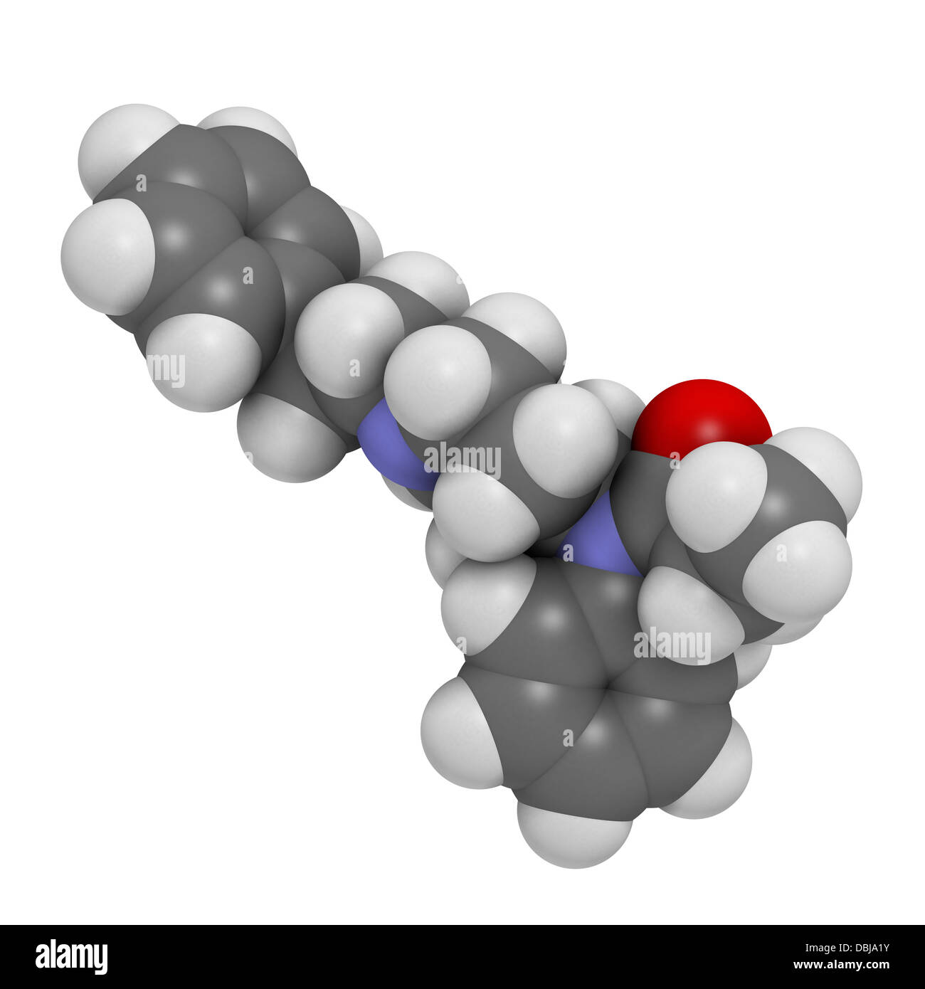 Fentanyl (fentanil) opioid analgesic drug, chemical structure. Conventional  skeletal formula and stylized representation, showing atoms (except  hydrogen) as color coded circles.