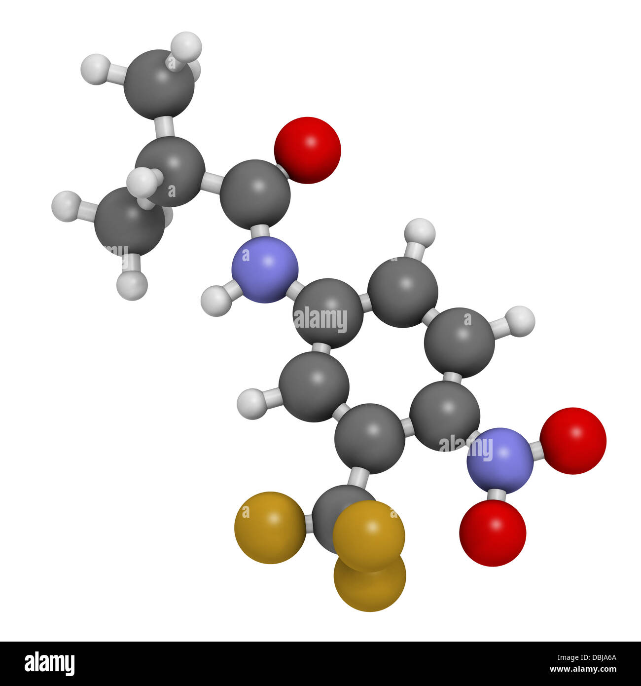 Flutamide prostate cancer drug (anti-androgen), chemical structure. Atoms are represented as spheres with conventional color Stock Photo