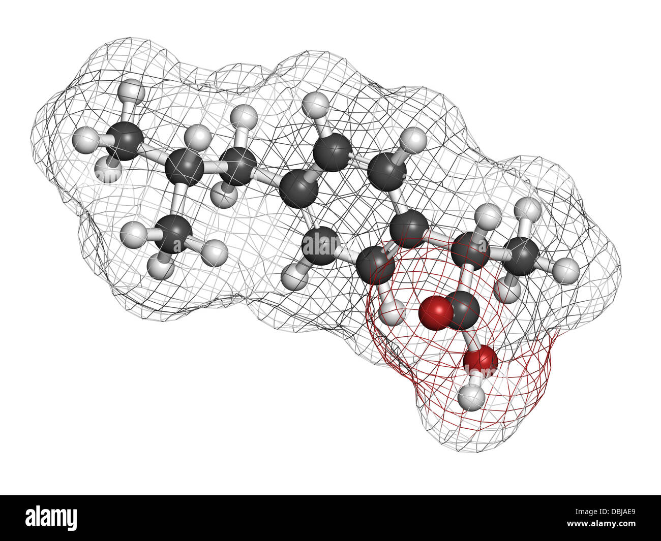 Ibuprofen pain and inflammation drug (NSAID), chemical structure. Atoms