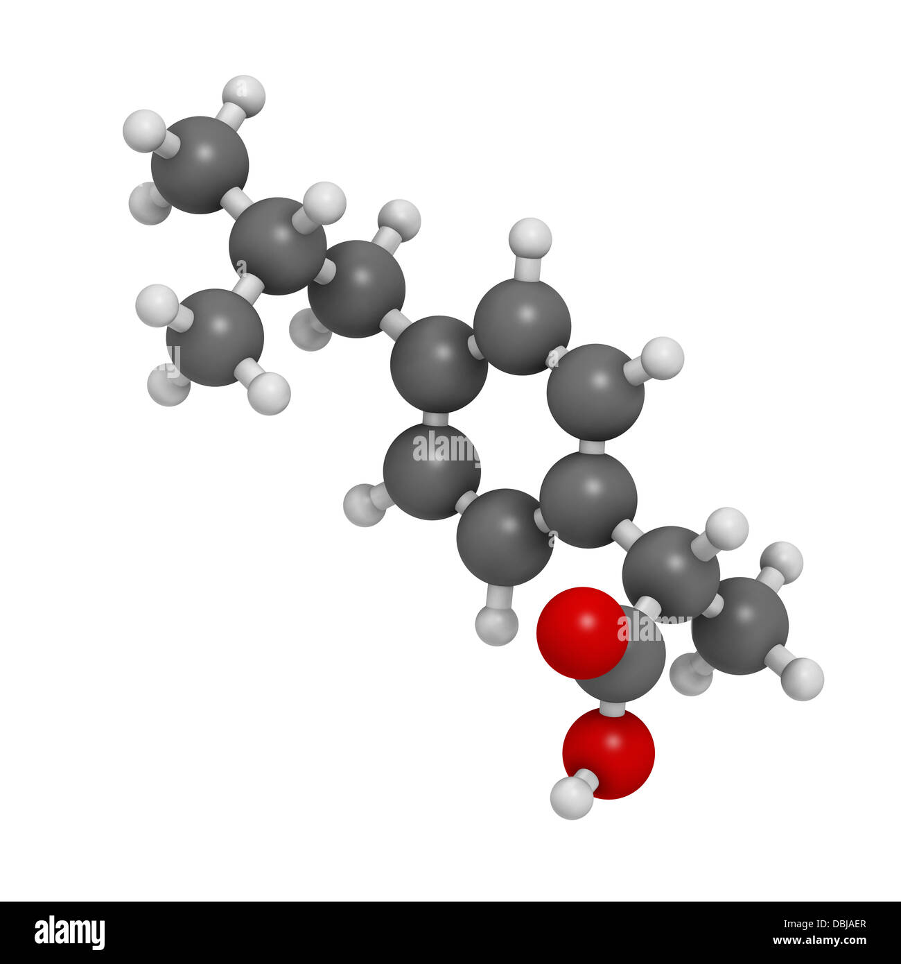 Ibuprofen pain and inflammation drug (NSAID), chemical structure. Atoms