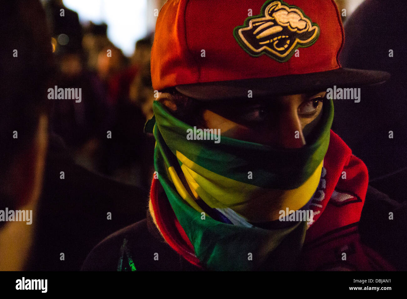 Black Bloc in protest during the visit Pope Francis in Rio de Janeiro, Brazil Stock Photo