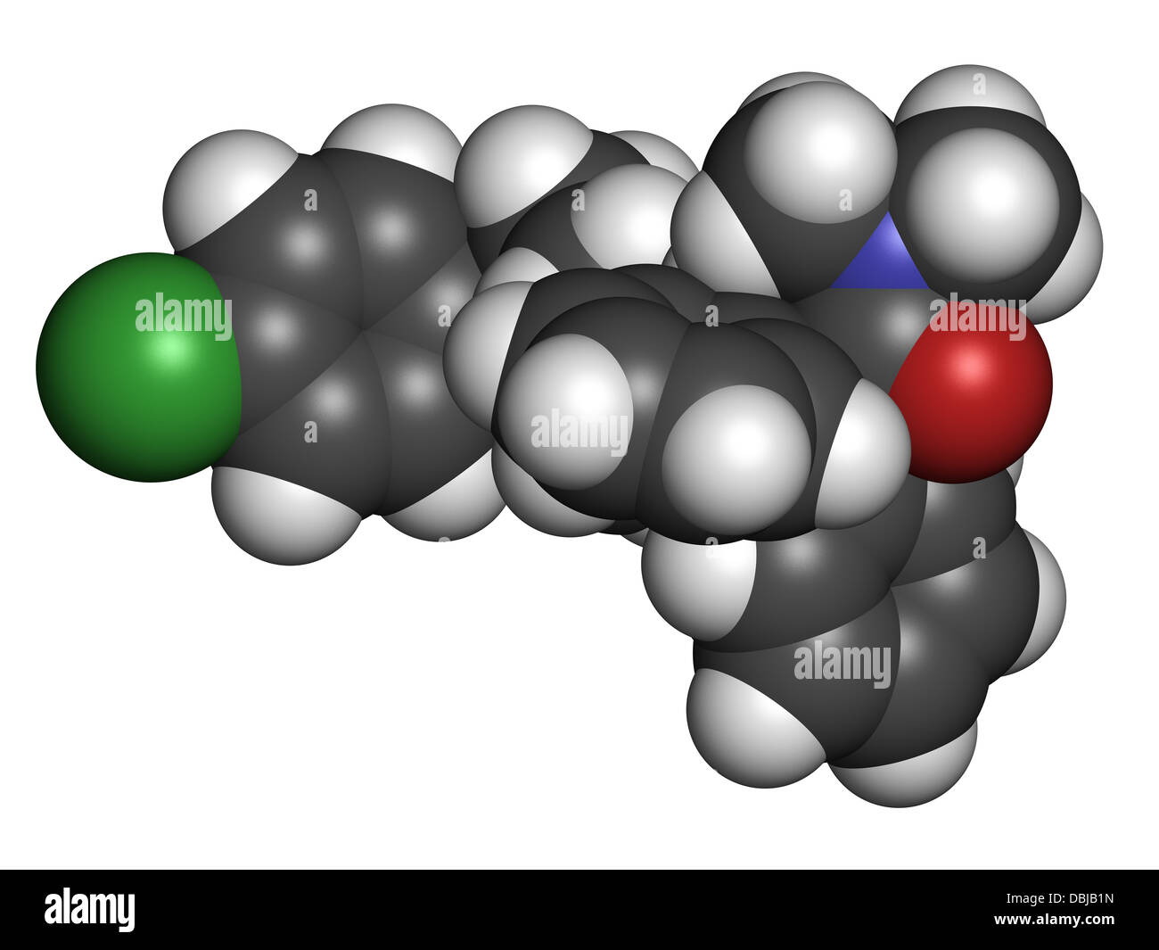 Loperamide diarrhea drug, chemical structure. Atoms are represented as spheres with conventional color coding Stock Photo