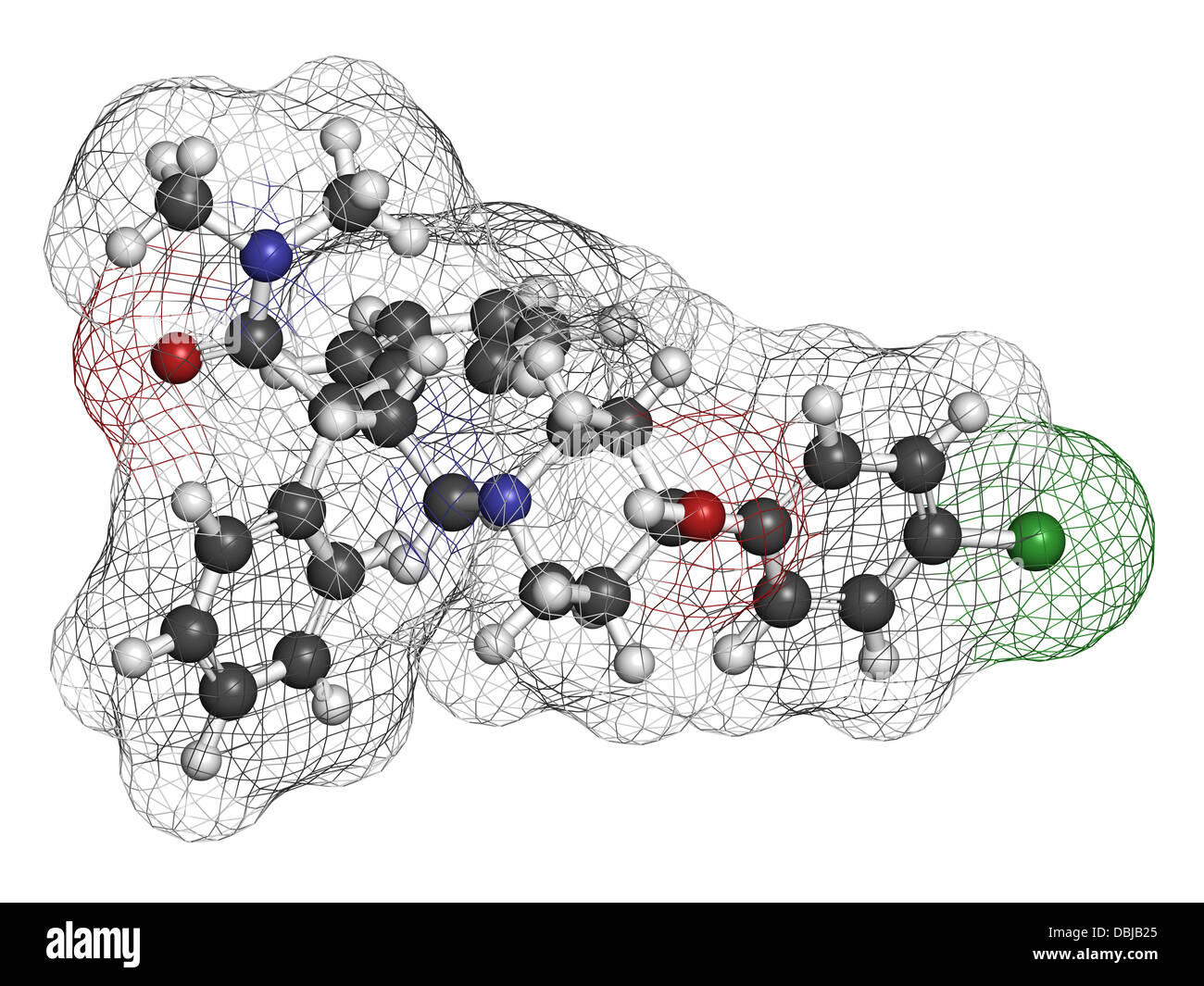 Loperamide diarrhea drug, chemical structure. Atoms are represented as spheres with conventional color coding Stock Photo