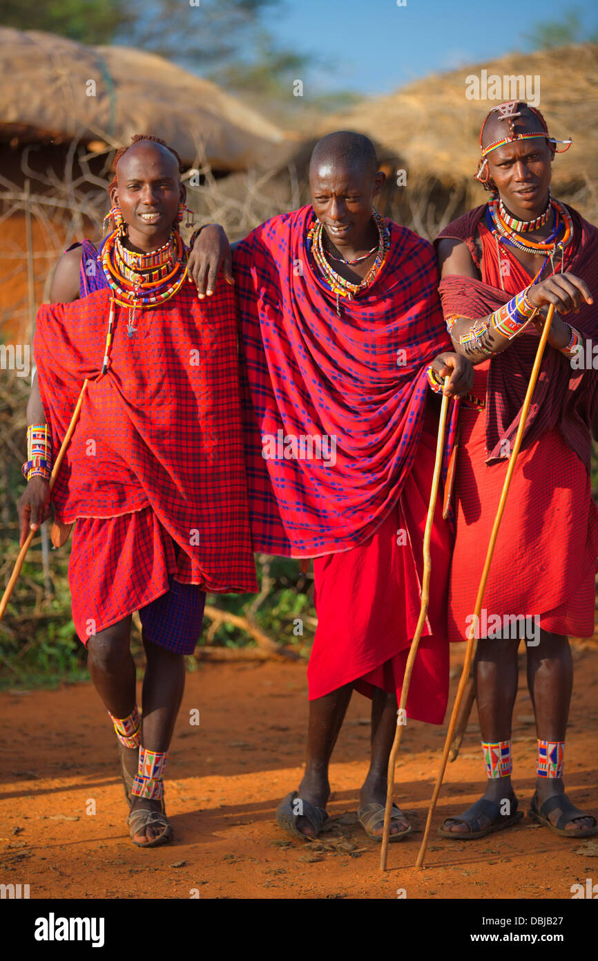 Masai Villagers in traditional clothing outside boma. Selenkay Conservancy area. Kenya Africa Stock Photo Alamy