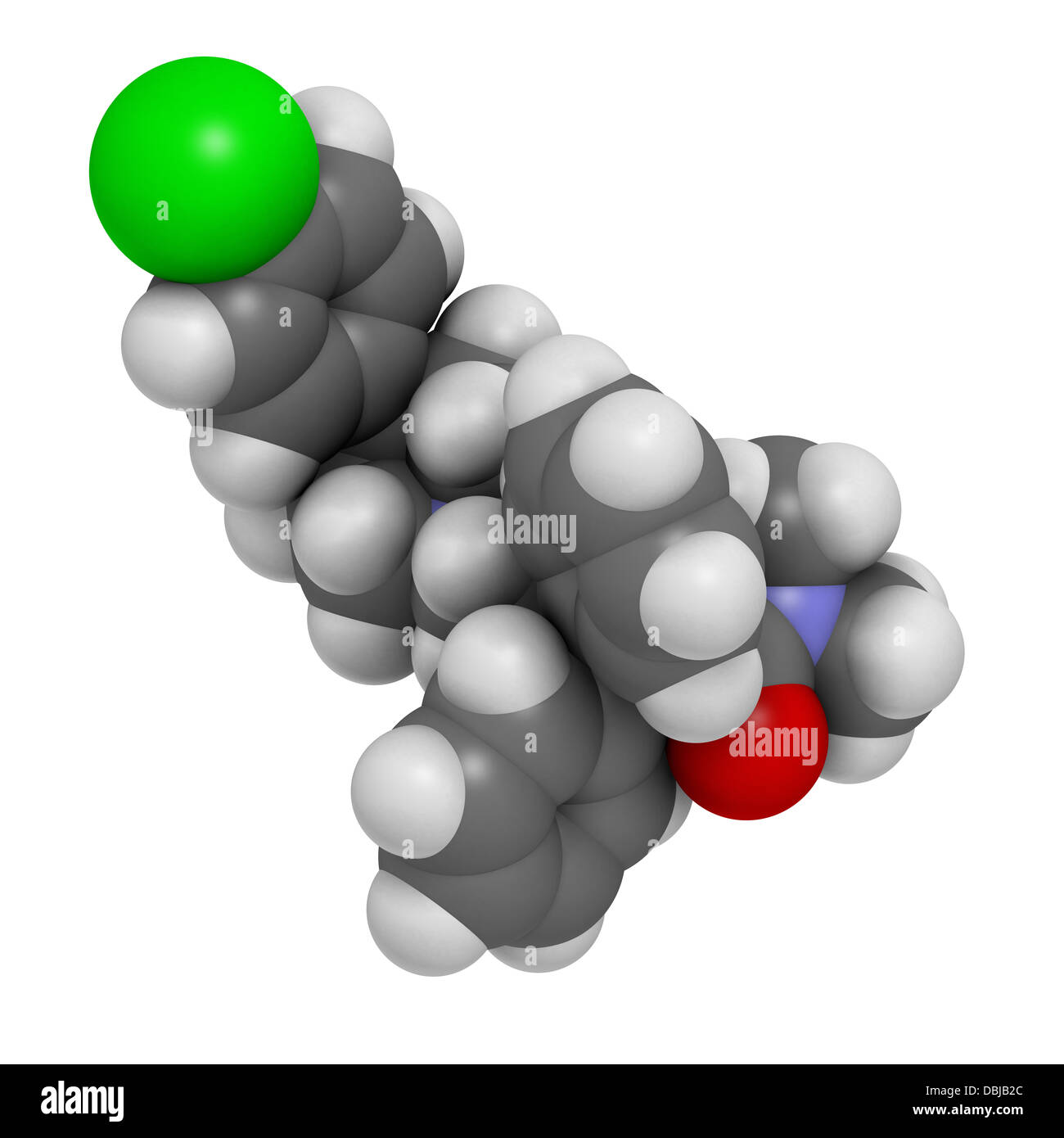 Loperamide diarrhea drug, chemical structure. Atoms are represented as spheres with conventional color coding Stock Photo