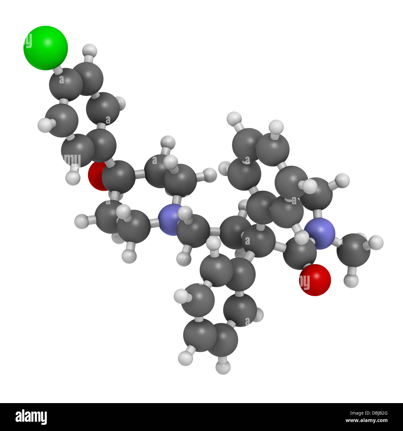 Loperamide diarrhea drug, chemical structure. Atoms are represented as spheres with conventional color coding Stock Photo