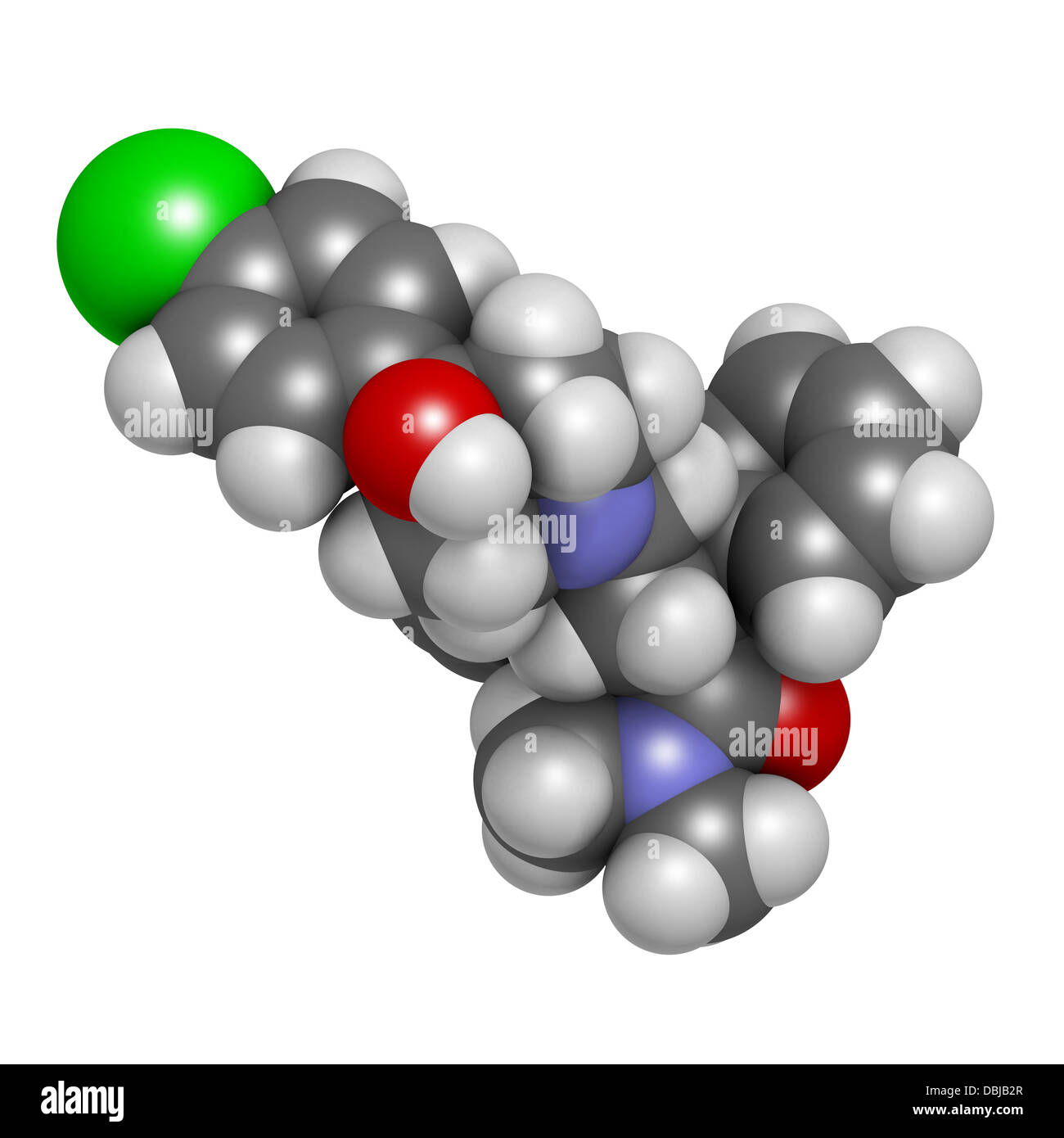 Loperamide diarrhea drug, chemical structure. Atoms are represented as spheres with conventional color coding Stock Photo