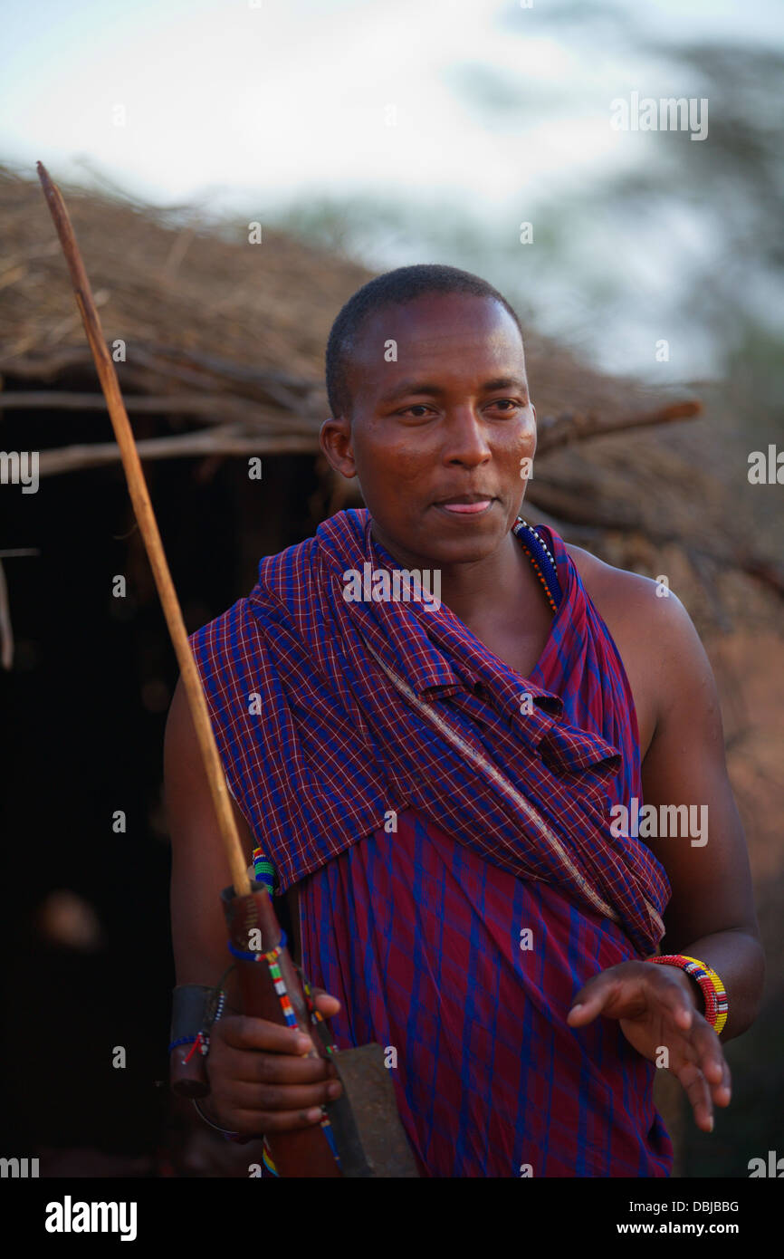 Portrait of Masai man in traditional tribe clothing and jewelry. Selenkay Conservancy area. Kenya, Africa. Stock Photo