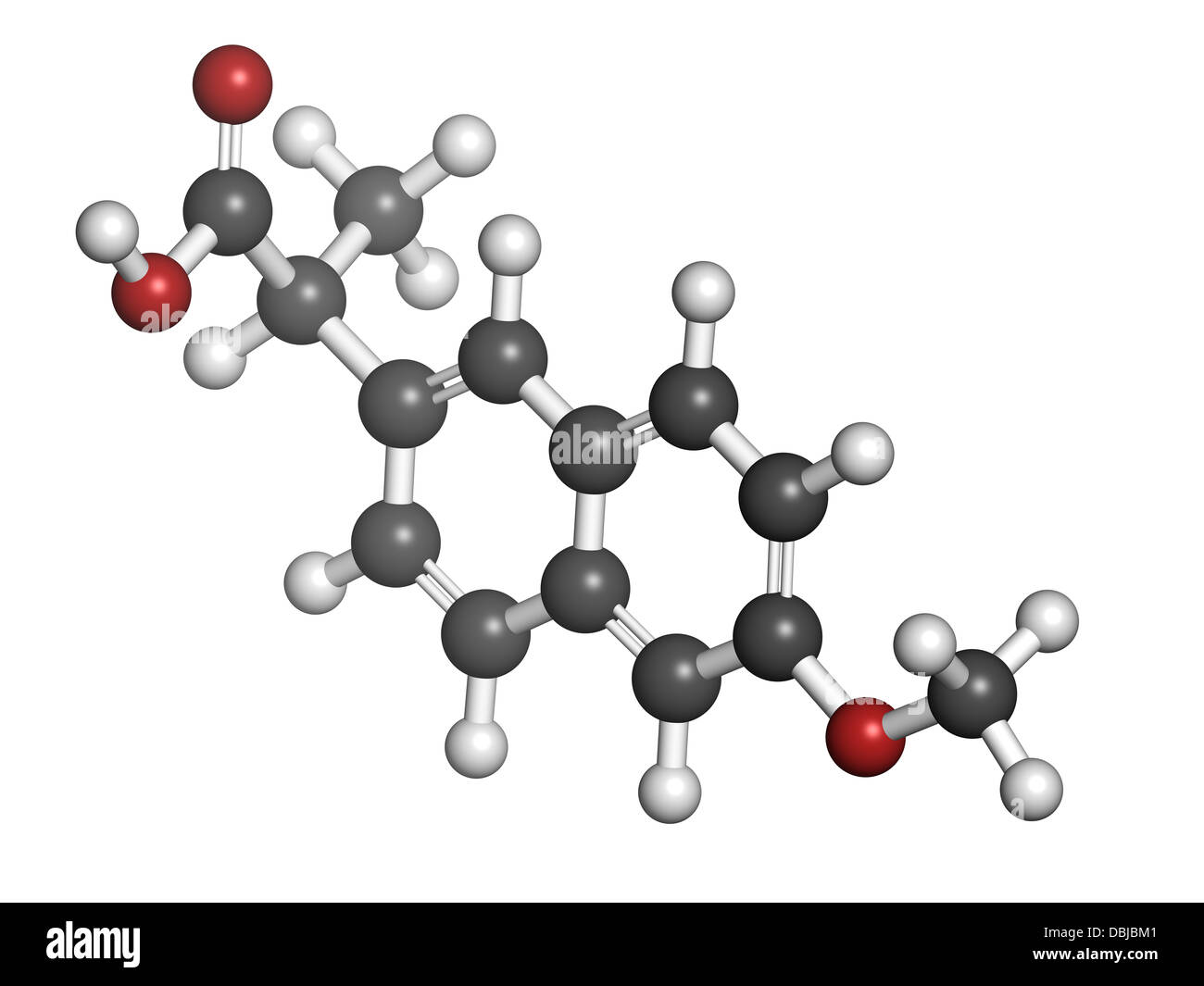 Naproxen pain and inflammation drug (NSAID), chemical structure. Atoms
