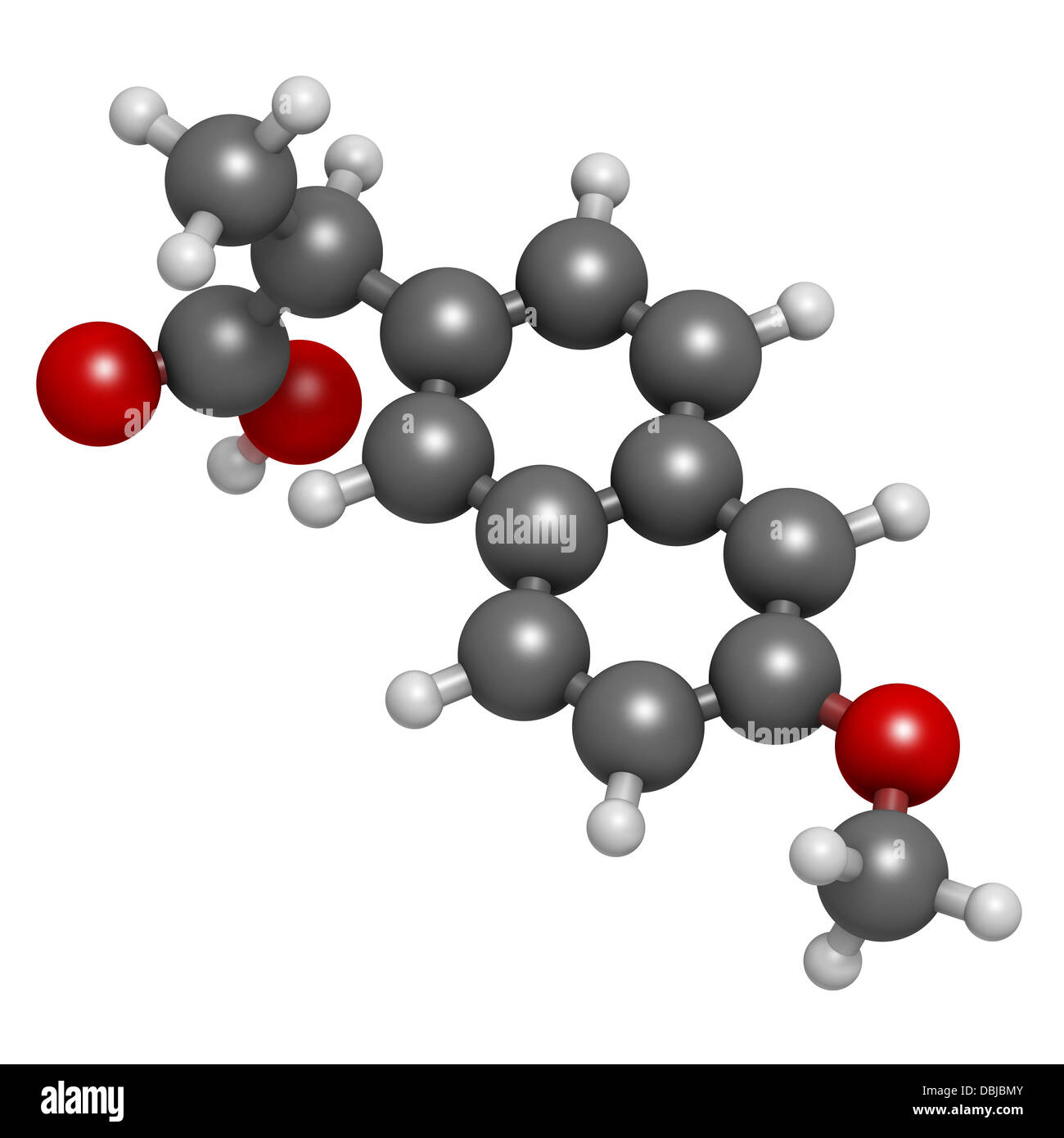 Naproxen pain and inflammation drug (NSAID), chemical structure. Atoms