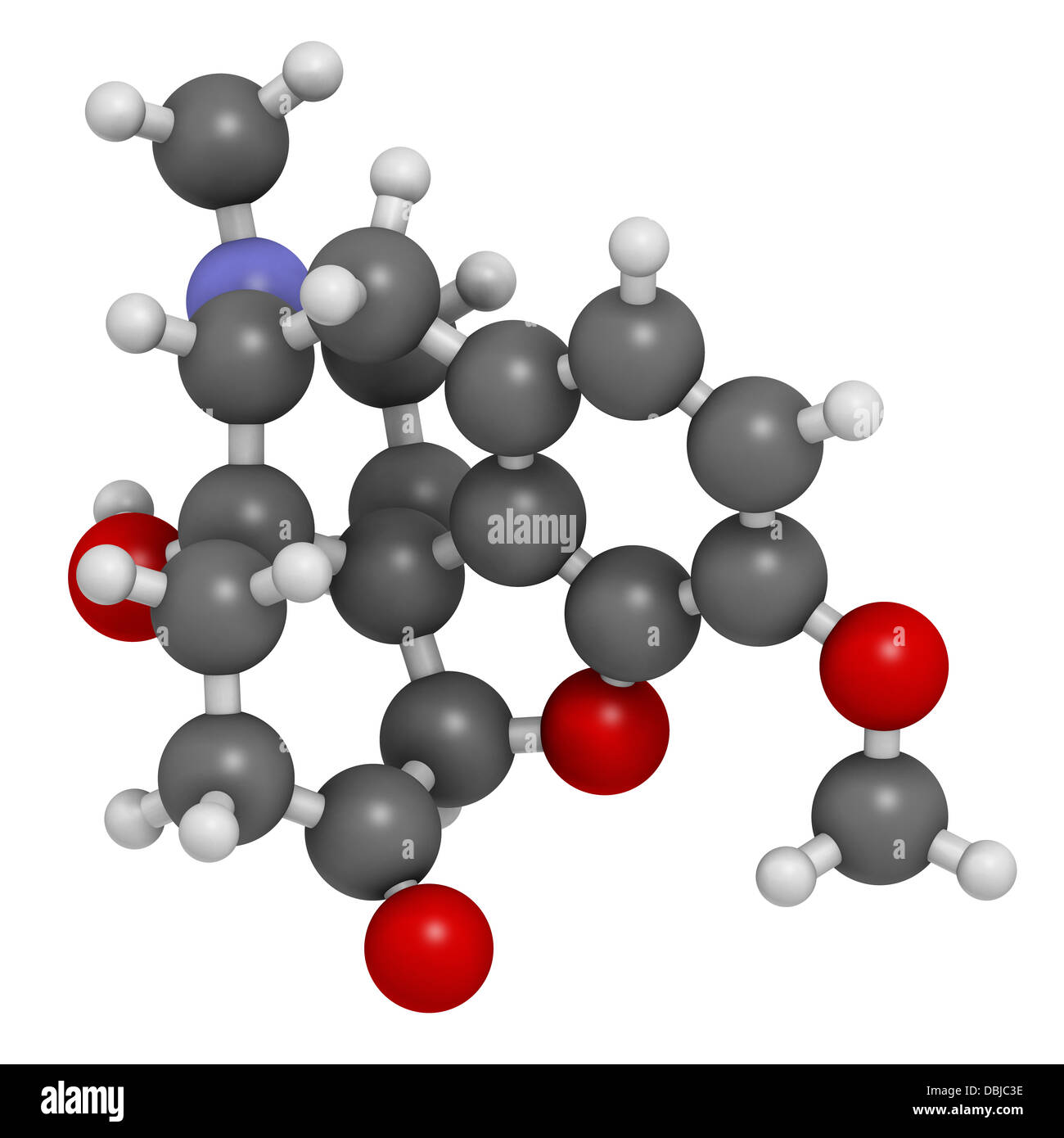 Oxycodone pain relief drug, chemical structure. Atoms are represented