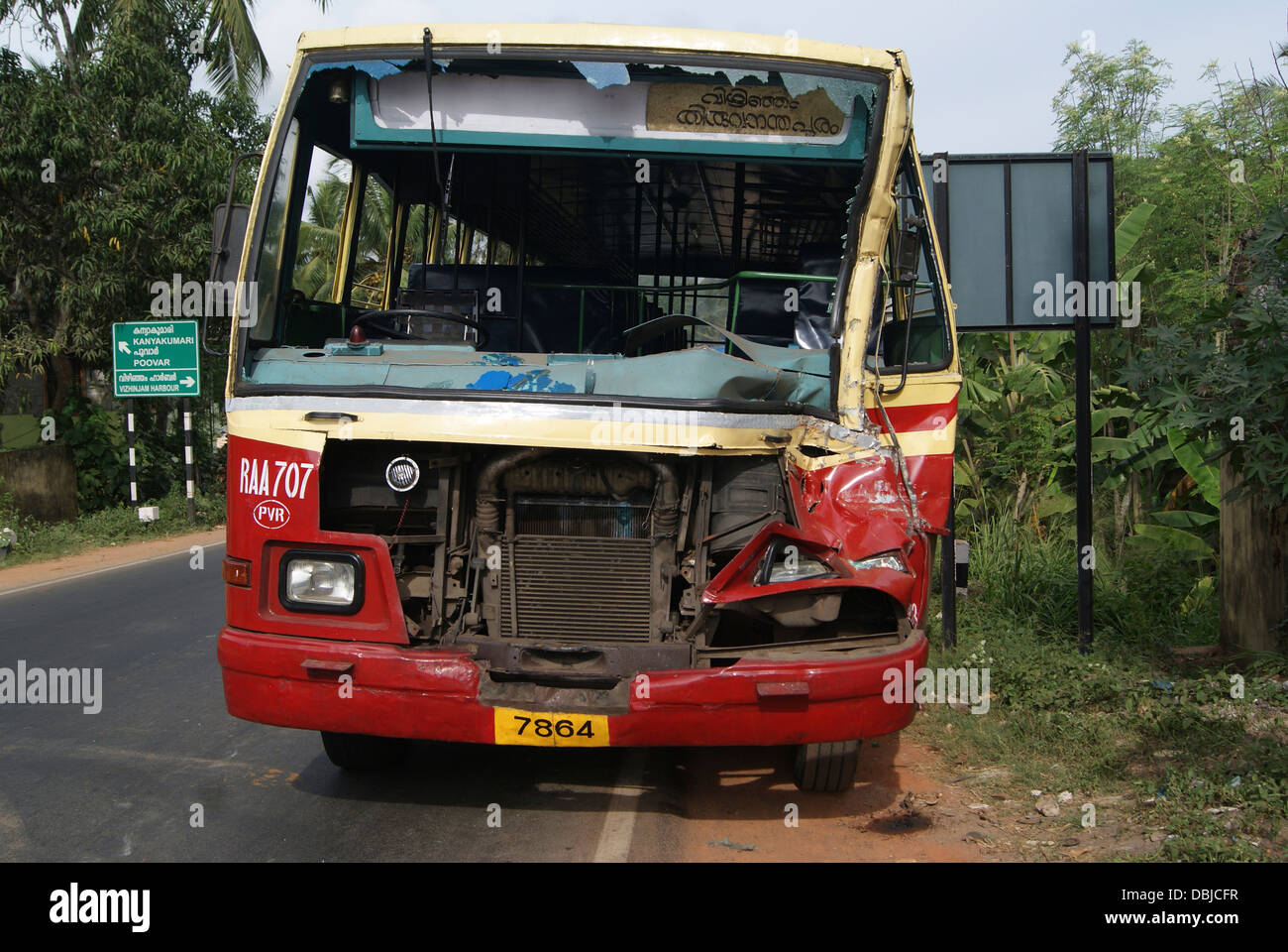 Bus Accident Wrecked crushed Kerala state transportation Bus KSRTC at Kerala India Stock Photo