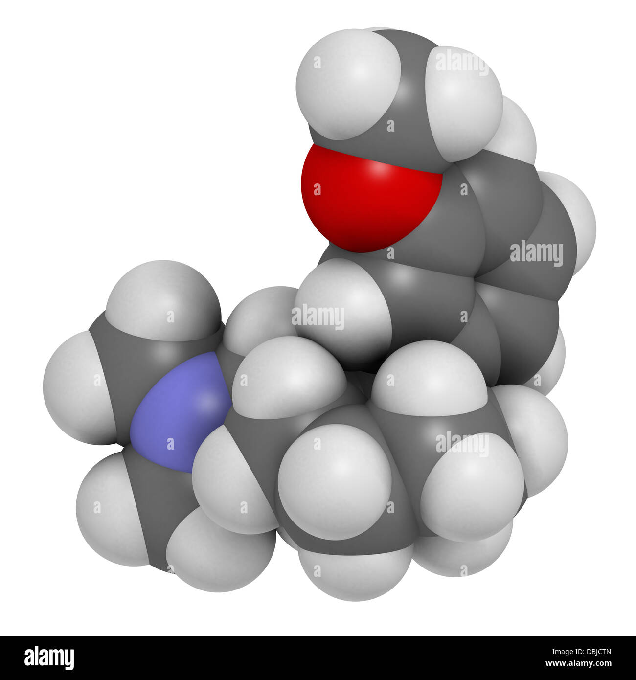 Tramadol opioid analgesic drug, chemical structure. Atoms are represented as spheres with conventional color coding Stock Photo