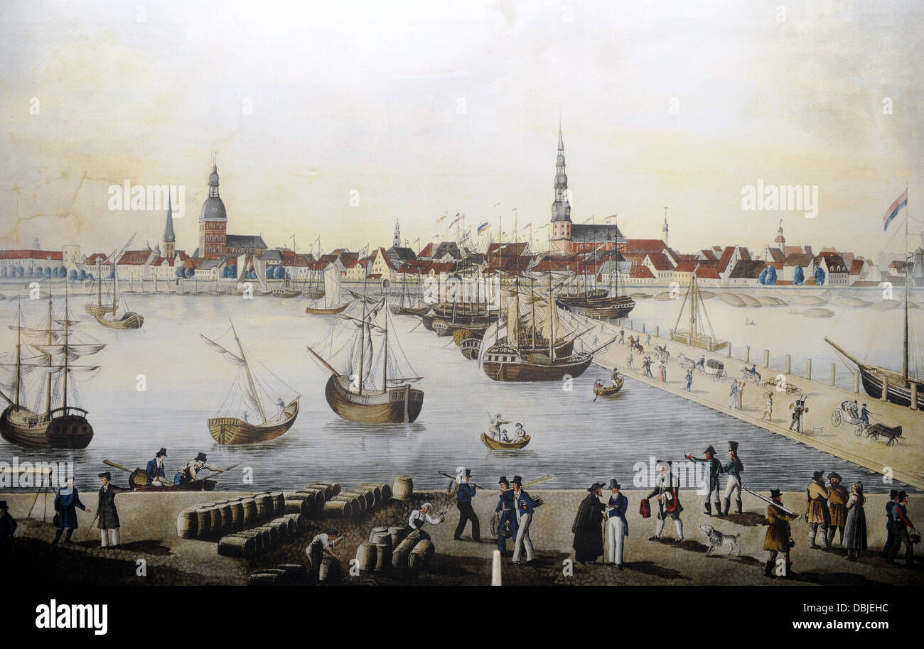 History. Modern Age. Latvia. Riga. Port. 18th Century. Colored engraving. Stock Photo