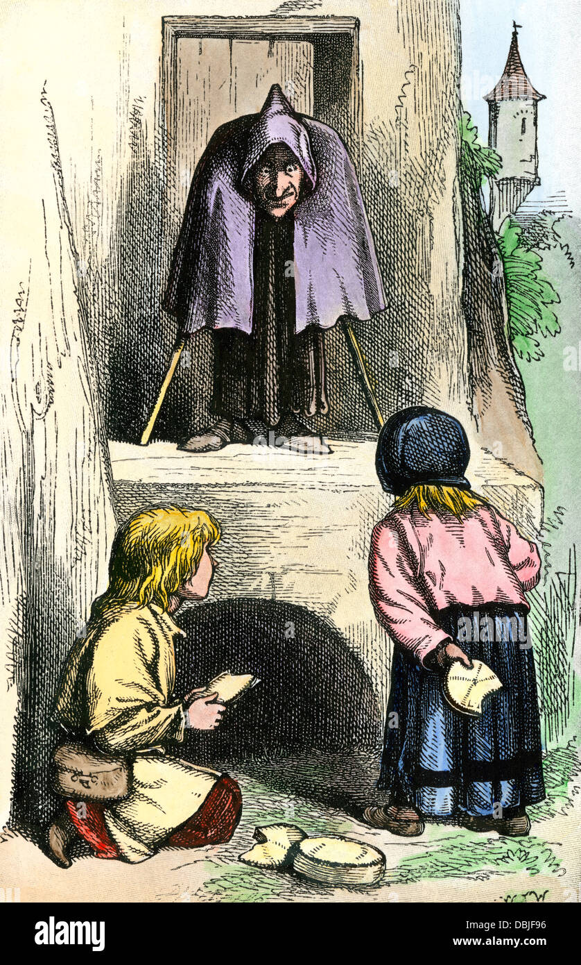 Hansel and Gretel, from Grimms' Fairy Tales. Hand-colored halftone reproduction of an illustration Stock Photo