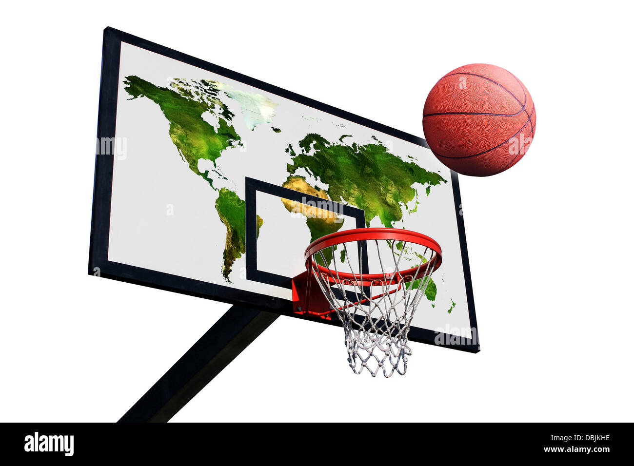 a basketball and a panel of basketball with a world map on a white background isolated Stock Photo