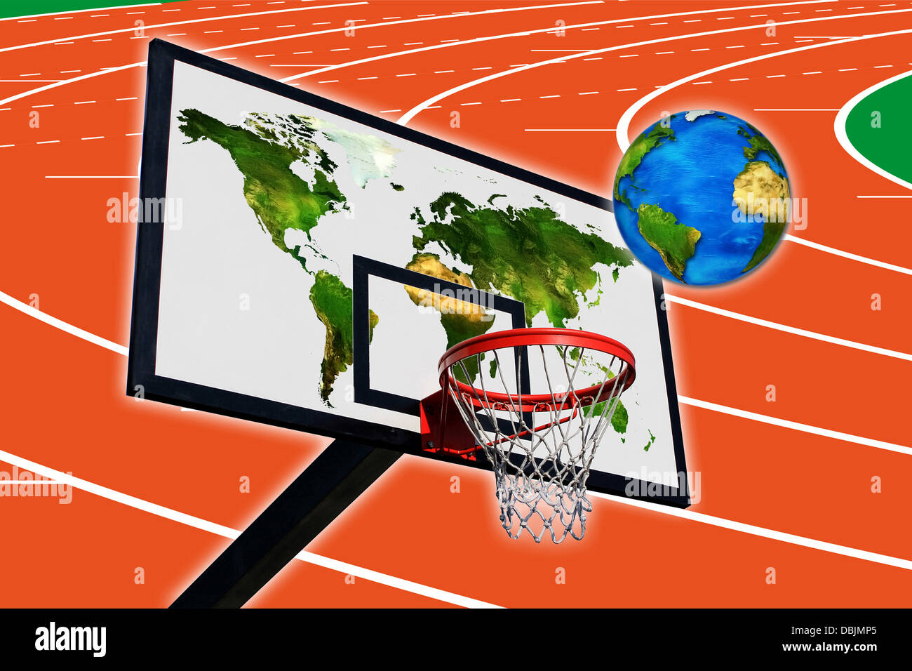 a basketball and a panel of basketball with a world map on background running track Stock Photo
